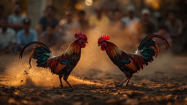 ไก่ชนไทยสองตัวเผชิญหน้ากันในสังเวียนทรายท่ามกลางฝุ่นและแสงย้อน ภาพประกอบไก่ชนออนไลน์ LOTTOVIP